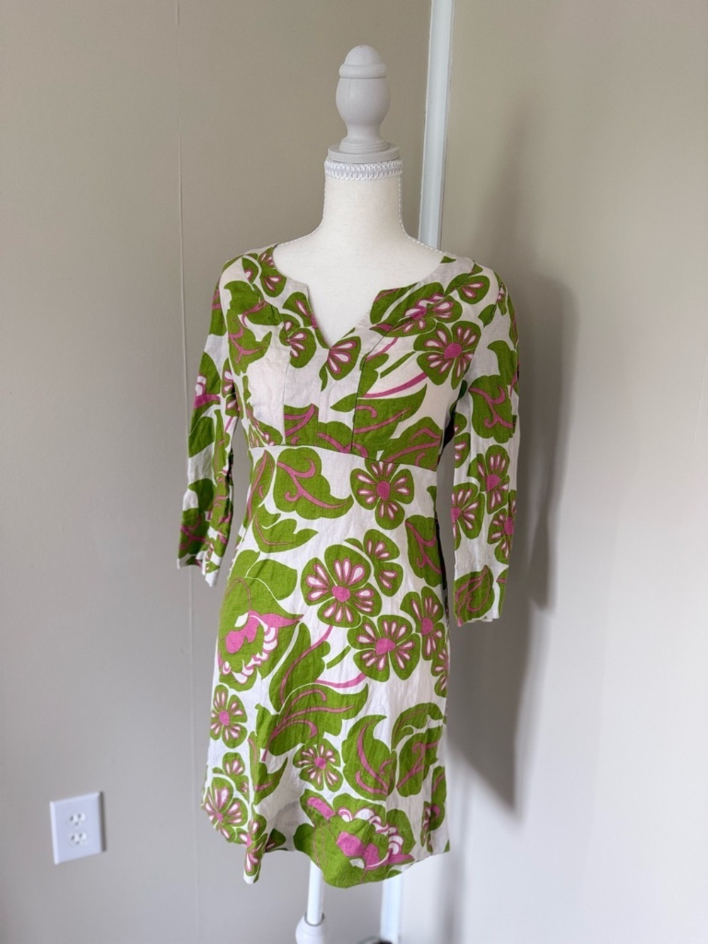 Vintage Boden Green & Pink Floral Tunic Mini Dress 100% Linen Y2K 70s